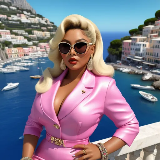 Prompt: Hyper realistic Lil Kim as an accurate 50s Italian woman in Capri wearing a hyper realistic Prada outfit 64k 3d hd 