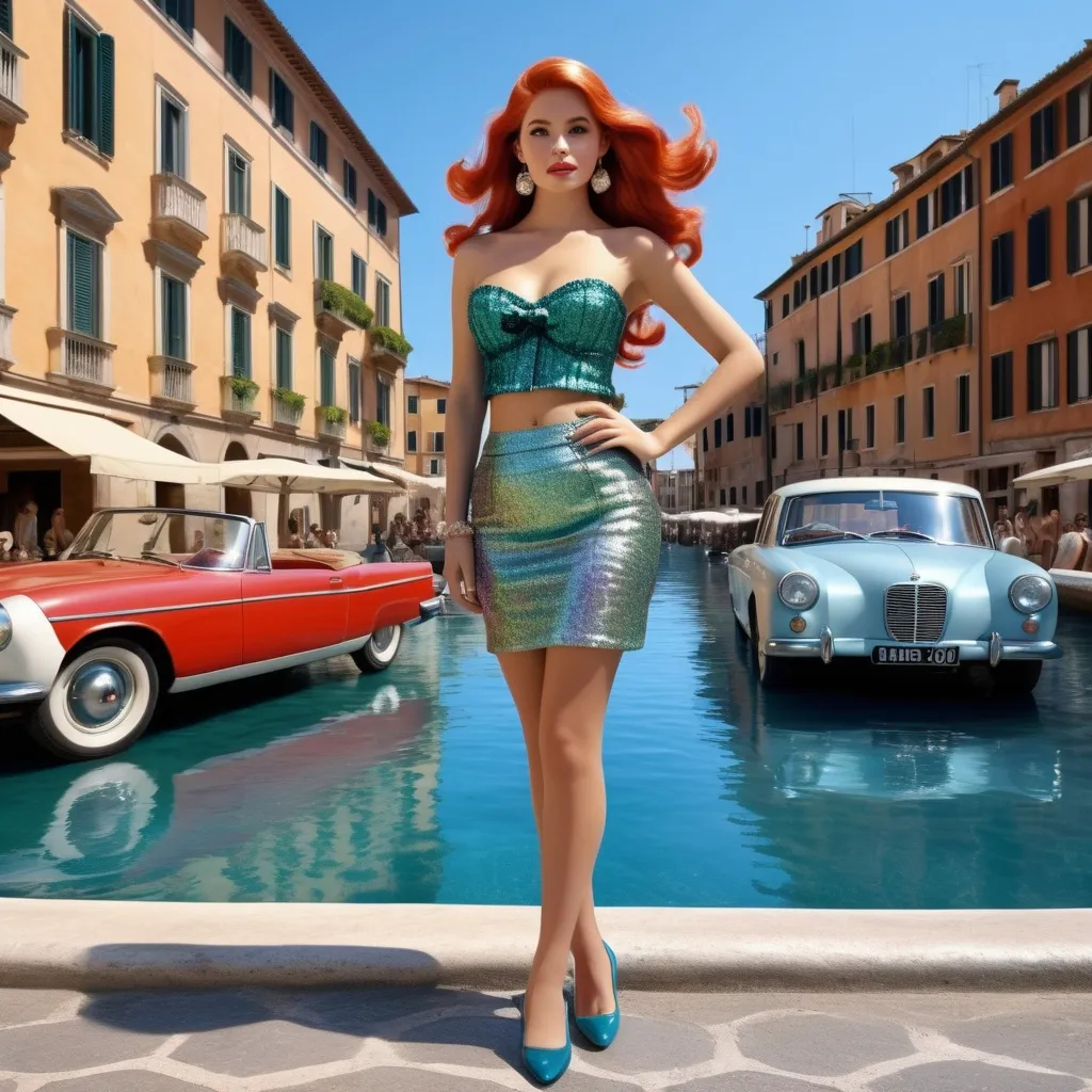 Prompt: Hyper Realistic and very detailed Ariel Mermaid wearing a hyper realistic and very detailed 60s Chanel look with a very detailed miniskirt and very detailed flat shoes in the centre of a very accurate 60s Rome living “La Dolce Vita” 64k Hd, very accurate 3D 