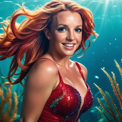 Prompt: (Britney Spears as Ariel), whimsical underwater scene, (vibrant colors), enchanting sea background, shimmering light filtering through water, Ariel's iconic tail with a glittering texture, flowing red hair, playful smile, marine life surrounding her, seagrass swaying, high-quality 4K, dreamy and magical ambiance, capturing the spirit of adventure and freedom.