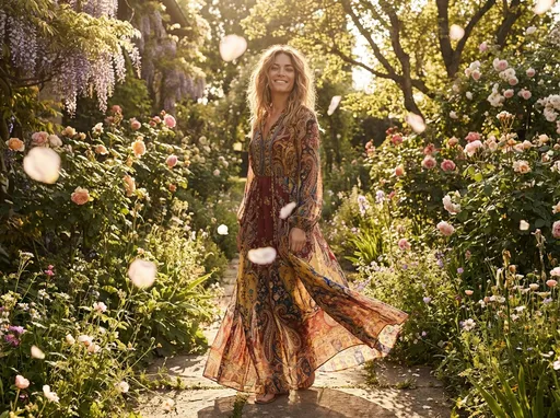 Prompt: Visualize Elodie, a striking figure exuding confidence as she gracefully wears the Etro Spring Summer Collection 2026. She stands amidst a vibrant, blooming garden, the sun casting a warm, golden glow that accentuates the intricate patterns of her flowing attire. The fabric dances with each gentle breeze, showcasing vivid colors that reflect the season’s renewal. Around her, soft petals float through the air, creating a dreamy ambiance. Elodie’s expression is one of serene joy, her hair softly tousled, catching the light, and her pose exuding effortless elegance. The scene is enhanced by cinematic lighting, with dappled shadows playing on the ground, evoking the essence of a perfect spring day.
