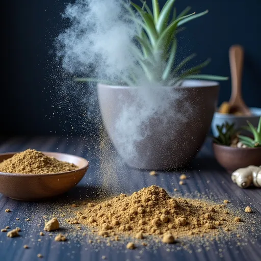 Prompt: ginger powder, (fine powdered texture), vibrant earthy tones, a wooden bowl overflowing with ginger powder, rustic kitchen background with herbs and spices, warm and inviting ambiance, soft natural lighting, high quality, ultra-detailed, evocative of fresh ingredients and culinary delights, showcasing the rich color and essence of ginger.