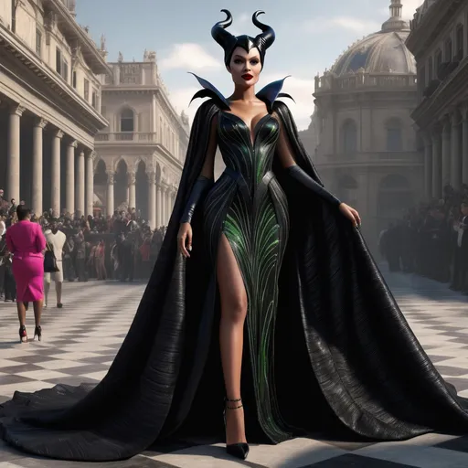 Prompt: Hyper realistic 64k 3d Maleficent in hyper realistic and very detailed 64 3d hd, as a very hyper realistic Rihanna wearing a Valentino dress and heels outfit, very detailed Valentino dress 64k Reflex ultra hd quality and very detailed heels 64k ultra hd quality 