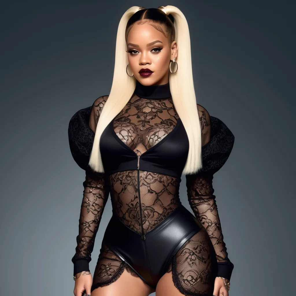 Prompt: photo of Rihanna thiccc blonde girl. High pony tail hair. thiccc, goth lips, intricate lacey outfit. very attractive. high detail realistic. thick thighs,  full body shot, professional photo. Studio lighting, backlit, realistic lighting. hdr uhd 8k ultra-realistic render,  very high detail skin, beautiful face, Dolce&Gabbana