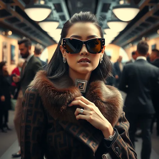 Prompt: (Fendi look), a luxurious and stylish fashion ensemble, chic and sophisticated outfit, elegant accessories, high-end textures and patterns, refined detailing, vibrant colors infused with an air of modern glamor, bold designs, an upscale ambiance, sharp contrast, HD, vivid visual depth, perfect lighting to accentuate the garment appeal.