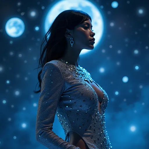 Prompt: Chanel outer space look, (high fashion) in a cosmic setting, (futuristic) garments with glittering textures and unique cuts, stars and planets sparkling in the background, (deep blue and silver tones) creating a dreamlike atmosphere, dramatic lighting that highlights intricate details of the clothing, (elegant) poses showcasing style, (ultra-detailed) and vivid imagery, atmosphere as if in an interstellar boutique.