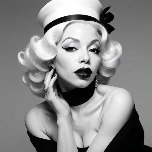 Prompt: Fashion photography Amanda Lepore in classic black and white style, crisp details, very high contrast, elegant avantgarde poses, vintage aesthetic, herb ritts, studio setting, minimalistic composition, high quality, classic, black and white, elegant poses, crisp details, high contrast, studio setting, minimalistic composition, white background
