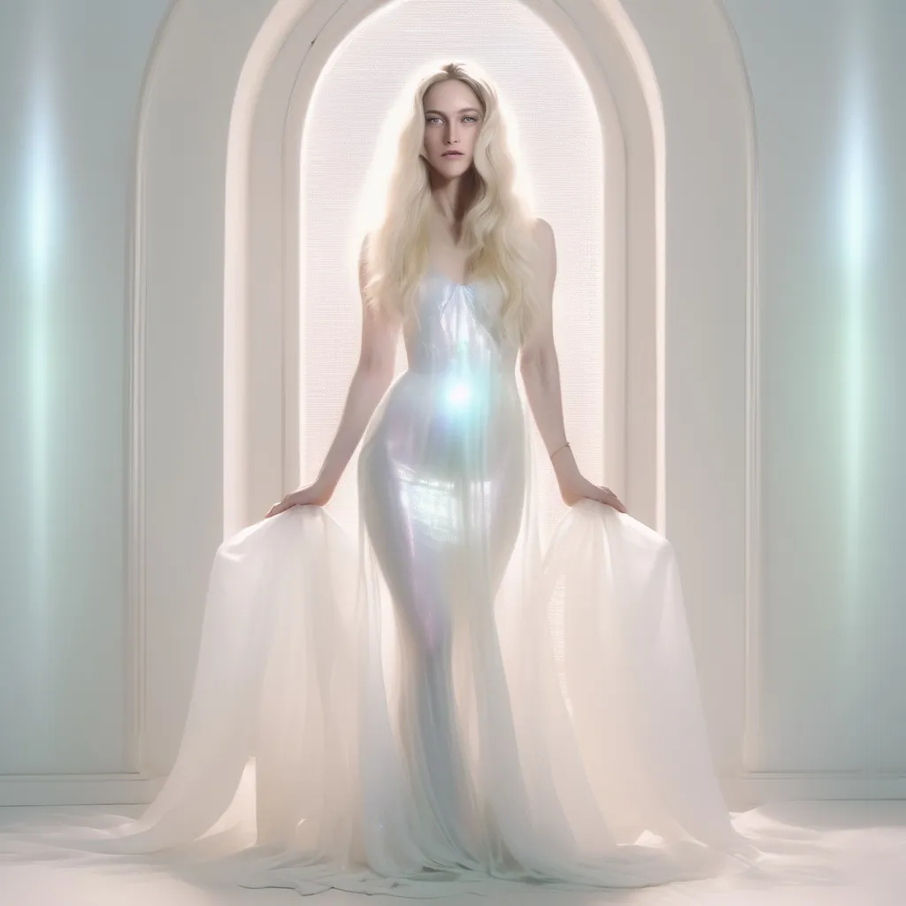 Prompt: ethereal female Madonna, slender, big chested, full body, white iridescent dress, light coloured long hair