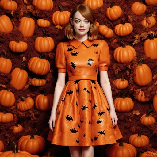 Prompt: (Emma Stone), wearing a striking Miu Miu Halloween pumpkin-inspired dress, vibrant orange with intricate pumpkin patterns, showcasing bold textures, luxurious fabric, whimsical style, complemented by matching accessories, soft ambient lighting, setting the mood for a festive atmosphere, autumn background with falling leaves, ultra-detailed, HD, elegant and playful composition.