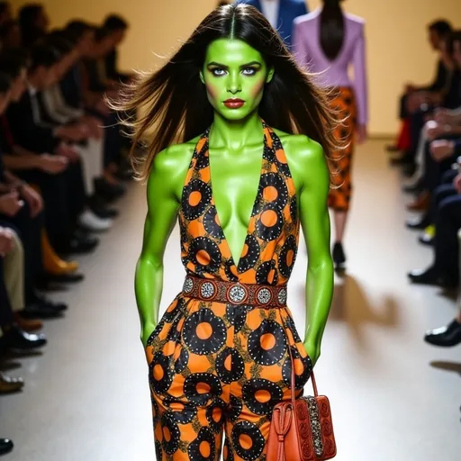 Prompt: (Elphaba wearing Jil Sander), striking pose, vibrant green skin, dark flowing hair, poised facial expression, luxurious Gucci outfit, fashion-forward accessories, playful yet sophisticated, (bold patterns), stylish handbag, adventurous demeanor, brightly lit runway background, high fashion atmosphere, runway models in soft focus, ultra-detailed, (fashion illustration).