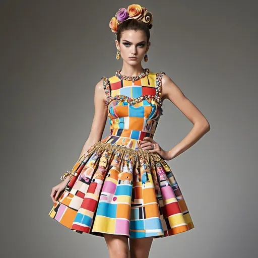 Prompt: (Moschino dress), high fashion design, colorful patterns, playful and vibrant, couture elegance, luxurious texture, striking silhouette, artistic flair, runway-inspired style, intricate details, eye-catching embellishments, bold color palette, fashionable ambiance, (ultra-detailed), high-quality craftsmanship, fashion illustration vibes, stylish ensemble, (vivid colors), aesthetically stunning.