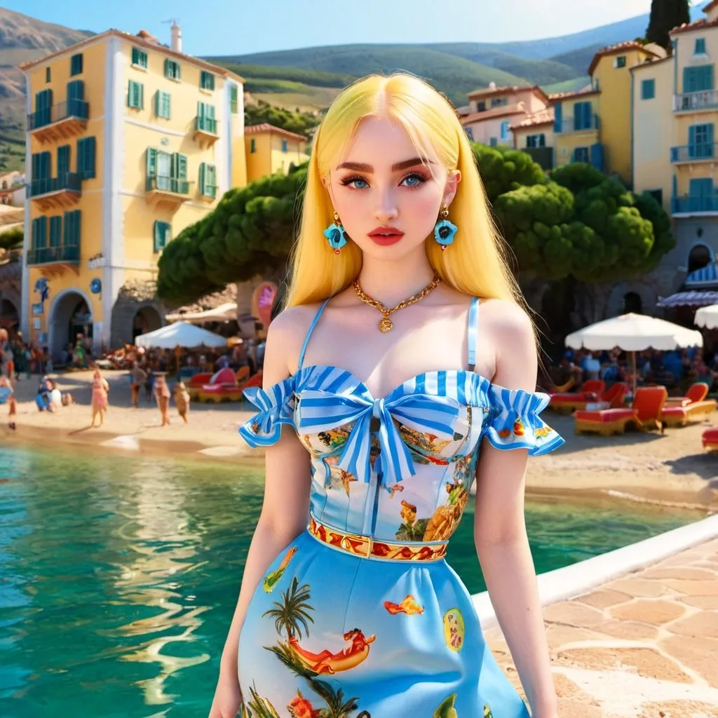 Prompt: Kim Petras wearing Dolce&Gabbana in a Sicilian seaside