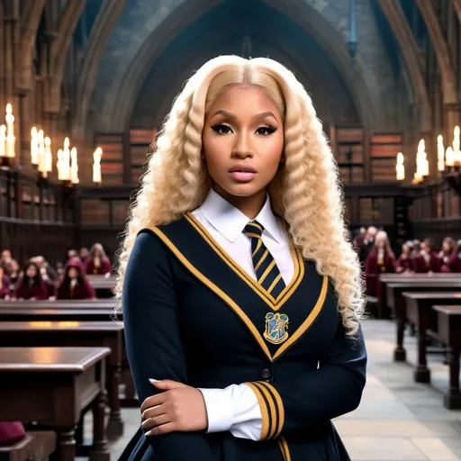 Prompt: Hyper realistic Nicki Minaj as a very detailed ultra hd 64k 3d quality Hermione Granger at Hogwarts background 