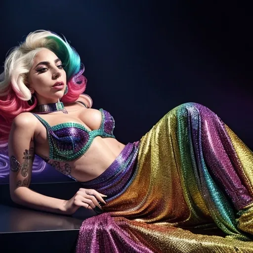 Prompt: Lady Gaga in Diesel Pride Month dress, vibrant and colorful, high fashion photography, bold and confident pose, flowing fabric with intricate details, high quality, fashion photography, vibrant colors, pride month, detailed design, confident pose, professional lighting