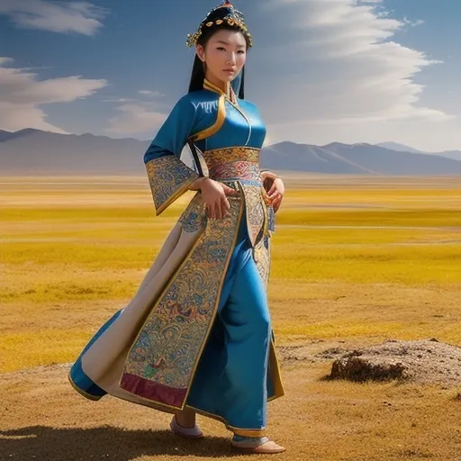 Prompt: (Mongolian beauty), ethereal elegance, captivating features, graceful demeanor, traditional attire, intricate accessories, soft natural lighting, serene ambiance, harmonious colors (rich earth tones), tranquil background of vast steppe landscapes, high quality, ultra-detailed, showcasing the spirit and culture of Mongolia, evoking a sense of admiration and respect.