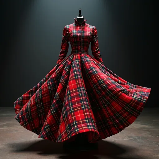 Prompt: (Vivienne Westwood tartan dress), high-fashion design, avant-garde styling, intricate patterns, flowing fabric, bold colors, dramatic silhouette, vintage flair, stunning textures, luxurious details, soft lighting, artistic presentation, elegant aura, ultra-detailed, 4K quality, cinematic elegance, meticulously crafted, fashion-forward atmosphere, runway inspiration.