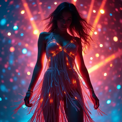 Prompt: (Electric lights fringe dress), intricate fringe detailing, vibrant neon colors, glowing under soft lighting, showcasing movement and motion, (eye-catching design), a dazzling display of light and texture, stylish and modern, dreamy atmosphere, high fashion, ultra-detailed, cinematic bloom effect, vibrant background with abstract splashes of color, striking glamour, (4K resolution).