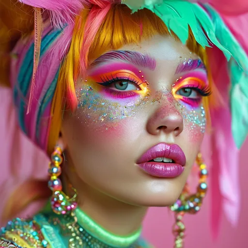 Prompt: (Brat Makeup), vibrant colors, bold patterns, playful and youthful style, exaggerated facial features, creative layering, enchanting lighting, glitzy bursts of glitter, eclectic and fun accessories, high contrast visuals, artistic expression, modern beauty trend, expressive and whimsical, ultra-detailed, HD quality, carefree ambiance.