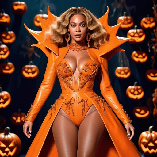 Prompt: (Beyoncé wearing a Mugler pumpkin Halloween inspired dress), vibrant colors, lively atmosphere, dramatic and playful design, intricate pumpkin motifs, elegant yet whimsical style, warm lighting, high detail fabric textures, enchanting Halloween vibes, ultra-detailed, 4K quality, fashion-forward concept, rich and bold tones, a captivating expression reflecting fun and festive spirit, adorned with charming accessories, background featuring subtle spooky touches.