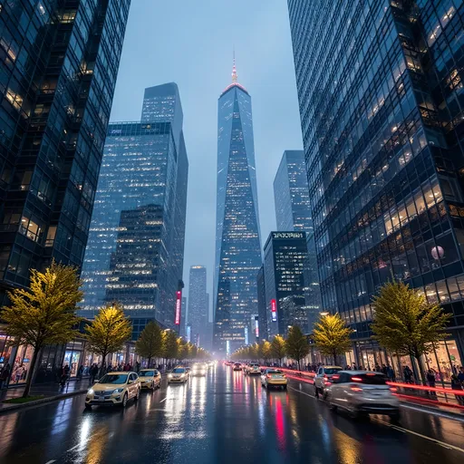 Prompt: (glossy city), futuristic skyline, gleaming skyscrapers reflecting sunlight, shimmering surfaces, vibrant lights illuminating the night, (highly detailed), cool tones with hints of neon, atmospheric nighttime ambiance, bustling streets below, shiny wet pavement, advanced technology windows, (4K resolution), ultra-detailed urban life, captivating and modern, high energy.