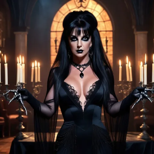 Prompt: (Britney Spears as Elvira), striking pose, dramatic gothic makeup, flowing black dress with deep neckline, raven-black hair, expressive dark eye makeup, luxurious background featuring candelabras and cobwebs, moody lighting casting haunting shadows, vibrant colors highlighting contrast, captivating ambiance, strong emotional vibe, highly detailed, 4K quality, compelling fantasy crossover theme.