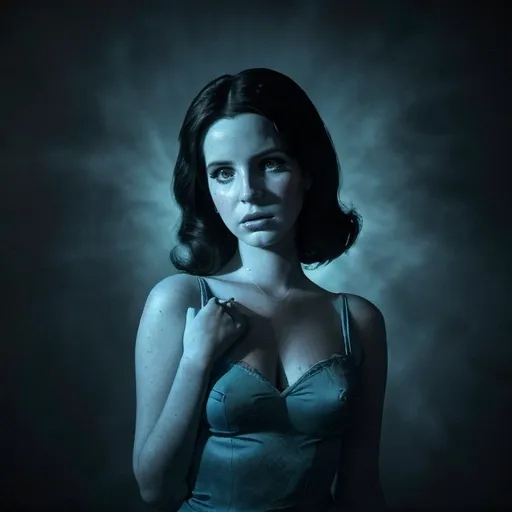 Prompt: (Lana Del Rey as Sadness from Inside Out), (expressive pose, melancholic expression), blending unique traits of both characters, (vibrant blue tones), (surreal and whimsical atmosphere), richly detailed textured background, dreamy and ethereal lighting, high quality, captivating composition, (4K ultra-detailed).