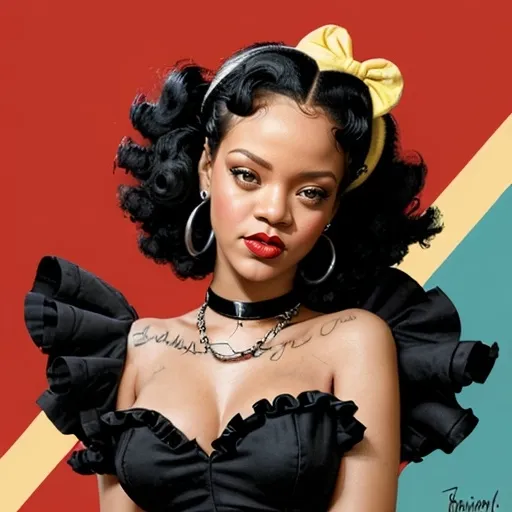 Prompt: (Enhanced portrait of Rihanna as Betty Boop), playful expression, vintage cartoon style, luscious curly hair, iconic black dress with ruffles, bright red lipstick, big expressive eyes, high contrast, bold outlines, colorful background with retro elements, whimsical atmosphere, dynamic composition, eye-catching fan art, ultra-detailed, vibrant tones, celebrating femininity and nostalgia.