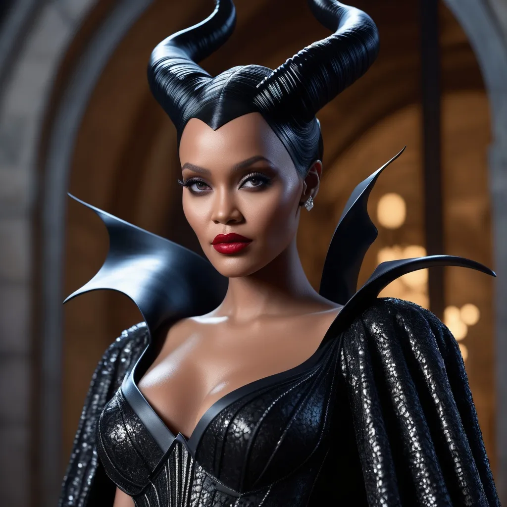 Prompt: Hyper realistic 64k 3d Maleficent in hyper realistic and very detailed 64 3d hd, as a very hyper realistic Rihanna wearing a Valentino dress and heels outfit, very detailed Valentino dress 64k Reflex ultra hd quality and very detailed heels 64k ultra hd quality 