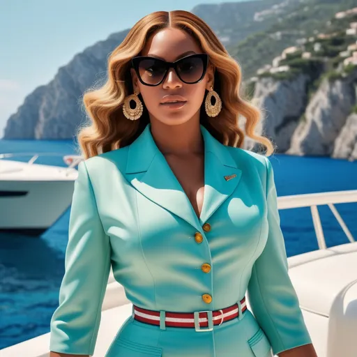 Prompt: Hyper realistic Beyoncé  as an accurate 50s Italian woman in Capri wearing a hyper realistic Prada outfit 64k 3d hd 