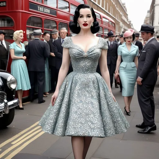 Prompt: Hyper Realistic and very detailed Dita Von Teese wearing a hyper realistic and very detailed 50s look with a very detailed dress and very detailed shoes in the centre of a very accurate 50s London 64k Hd, very accurate 3D 