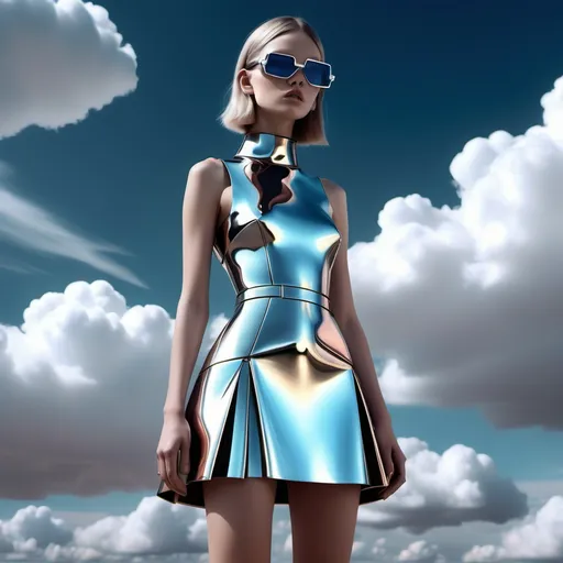 Prompt: <<THE_MARKER>> Miu Miu Cyborg, futuristic and stylish dress, ethereal atmosphere, sleek metallic textures, vibrant colors, a dreamy sky backdrop filled with soft clouds, dynamic lighting creating visual depth, intertwined with sci-fi elements, high-resolution, ultra-detailed, showcasing a powerful aesthetic and glamorous vibe, hovering elegantly among the clouds.