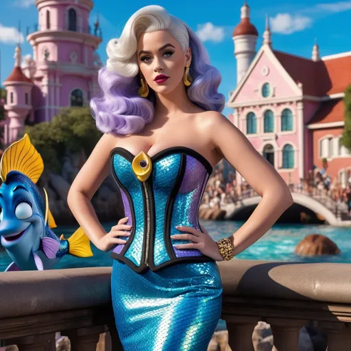 Prompt: Hyper realistic 64k 3d Ursula from The Little Mermaid as Katy Perry in hyper realistic and very detailed 64 3d hd, wearing Moschino and heels outfit, very detailed Moschino dress 64k Reflex ultra hd quality and very detailed Moschino heels 64k ultra hd quality 
