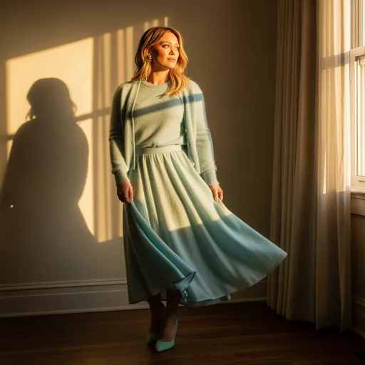 Prompt: Imagine Hilary Duff gracefully posed in a softly lit room, the warm glow of sunset filtering through sheer curtains, casting delicate shadows on the walls. She is wearing a pastel light blue mohair Twin Set, with a cozy mohair t-shirt layered beneath a stylish cardigan, complemented perfectly by a flowing mohair skirt that drapes elegantly around her. Her mint heels add a playful touch, their color echoing the serene ambiance. The air is tinged with a light breeze, causing the soft fabric to gently sway as she gazes thoughtfully out a window, her expression a mix of contemplation and poise. This scene captures a dreamy, intimate moment, reminiscent of a high-fashion editorial shoot, illuminated by soft, cinematic lighting.