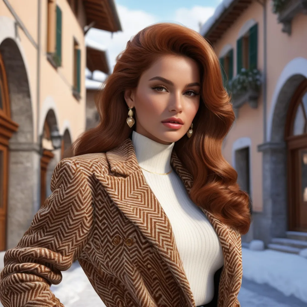 Prompt: Hyperrealistic 3D Ariel in 80s italian Courmayeur winter and cold fashion Gianni Versace, photorealistic, accurate features, Versace outfit, high resolution 64k, detailed textures, realistic lighting, Capri street backdrop, sophisticated, elegant, photorealism, Italian fashion, 80s style, high quality, Versace, detailed design, accurate, realistic rendering, lifelike, professional, professional lighting 