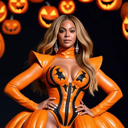 Prompt: (Beyoncé wearing a Mugler pumpkin Halloween inspired dress), vibrant colors, lively atmosphere, dramatic and playful design, intricate pumpkin motifs, elegant yet whimsical style, warm lighting, high detail fabric textures, enchanting Halloween vibes, ultra-detailed, 4K quality, fashion-forward concept, rich and bold tones, a captivating expression reflecting fun and festive spirit, adorned with charming accessories, background featuring subtle spooky touches.