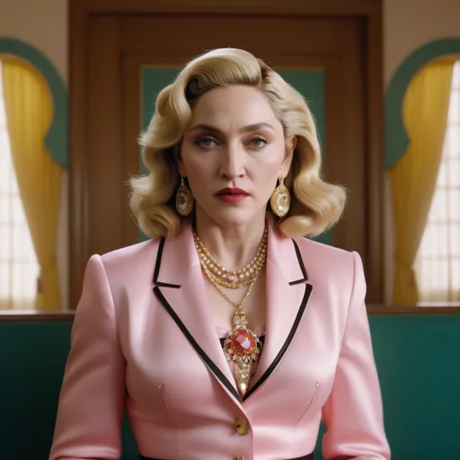 Prompt: Hyper realistic Madonna wearing a Miu Miu outfit in a Wes Anderson Movie ultra hd 64k quality 3d