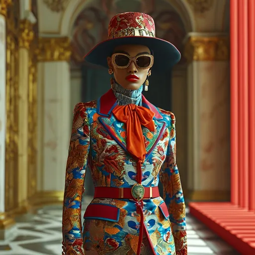 Prompt: (Gucci outfit), stylish fashion display, high-end designer luxe, sleek and modern clothing, vibrant colors, extravagant patterns, bold accessories, rich textures, ultra-detailed, photorealistic, dramatic lighting, elegant ambiance, glamorous fashion atmosphere, background with a chic setting, luxury showcase.