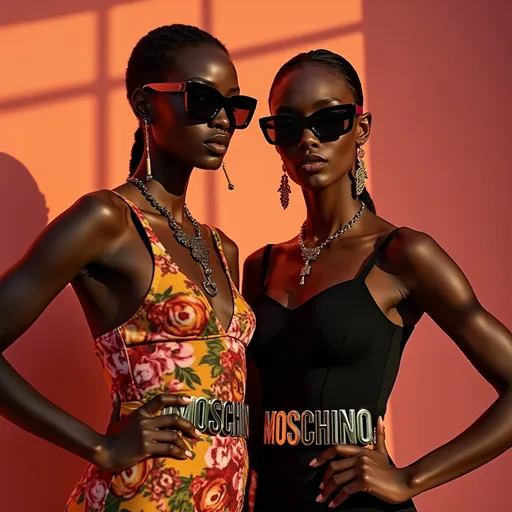 Prompt: (Alek Wek and Naomi Campbell), stylishly dressed in Moschino, featuring a prominent logo belt,
posing confidently against a glamorous backdrop, showcasing high fashion elegance. The scene radiates a vibrant atmosphere, with rich color contrasts and high detail, encapsulating the essence of luxury and style from Maison Moschino. (HD, ultra-detailed)