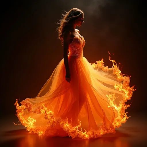 Prompt: Fire dress, vibrant flames enveloping a flowing gown, glowing with hues of deep orange, fiery red, and hints of gold, creating an ethereal effect, sophisticated movement captured in a dynamic pose, set against a contrasting dark background, capturing an enchanting and dramatic atmosphere, incredibly detailed 4K, ultra-detailed, masterpiece.