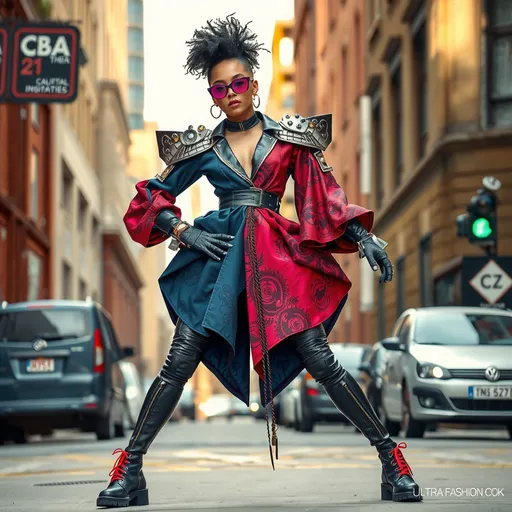 Prompt: (Rabanne look), fashion inspiration, avant-garde style, metallic elements, sculptural shapes, futuristic design, unique textiles, bold patterns, vibrant color palette, dramatic silhouettes, haute couture details, edgy accessories, dynamic pose, high fashion atmosphere, urban background, striking lighting, (ultra-detailed), (4K).