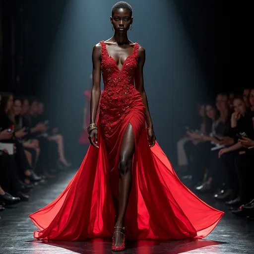 Prompt: (Alek Wek in a stunning Valentino dress), impactful fashion statement, (striking silhouette), elegant textures, luxe fabric details, fashion runway atmosphere, high-fashion edgy vibe, vibrant colors, flattering cut, polished accessories, (dramatic lighting), ultra-detailed, dynamic pose, captivating background blur, emphasis on contemporary elegance.