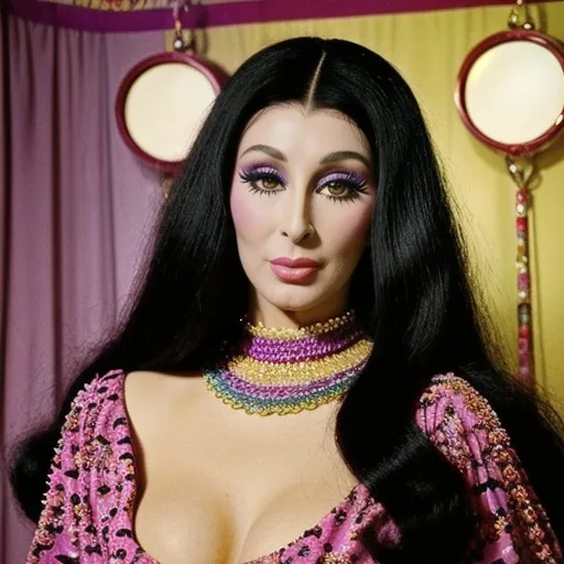 Prompt: (1960’s Cher), dramatic makeup, iconic long hair, (vintage fashion), vibrant colors, bold patterns, striking pose, retro accessories, sultry expression, mod style, intricate details, soft-focused background, warm lighting, high quality, (ultra-detailed), nostalgic ambiance, fashion icon aesthetic, capturing the essence of a glamorous era.