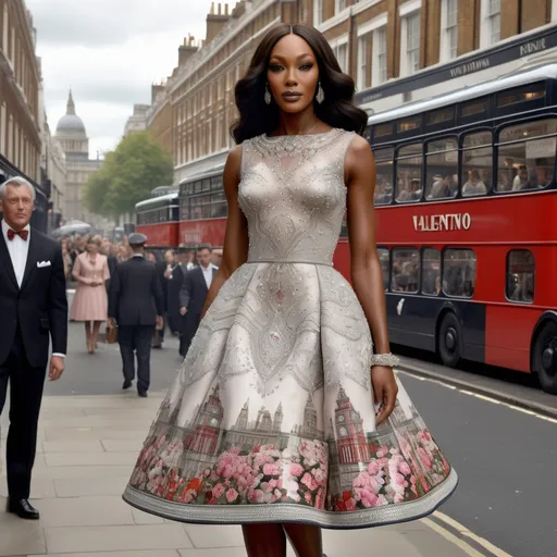 Prompt: Hyper Realistic and very detailed Naomi Campbell wearing a hyper realistic and very detailed Valentino 50s look with a very detailed Valentino dress and very detailed Valentino shoes in the centre of a very accurate 50s London 64k Hd, very accurate 3D 