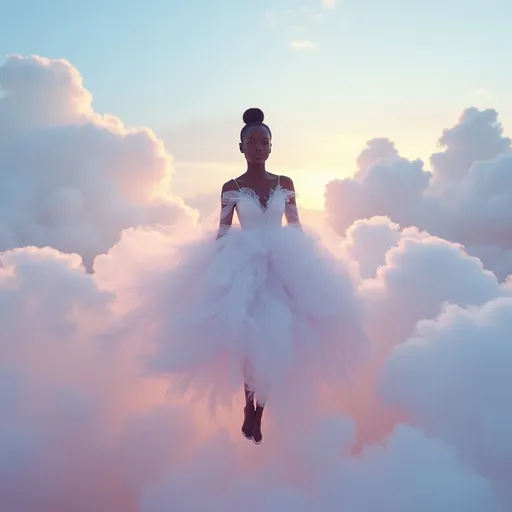 Prompt: Alek Wek, wearing a (soft cloud dress), ethereal atmosphere, floating gracefully among (fluffy clouds), dreamy background, gentle light illuminating the scene, soft pastel colors, serene and tranquil mood, high-resolution, ultra-detailed, celestial ambiance, sky blending shades of blue, pink, and lavender, capturing a whimsical and enchanting moment.