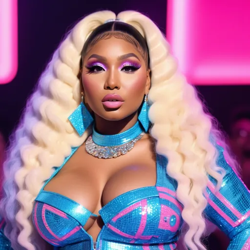 Prompt: Hyper realistic Nicki Minaj as Lizzo wearing a very accurated and hyper realistic look as rave dancer in the 1990s in Madrid 3d quality 64k Hd