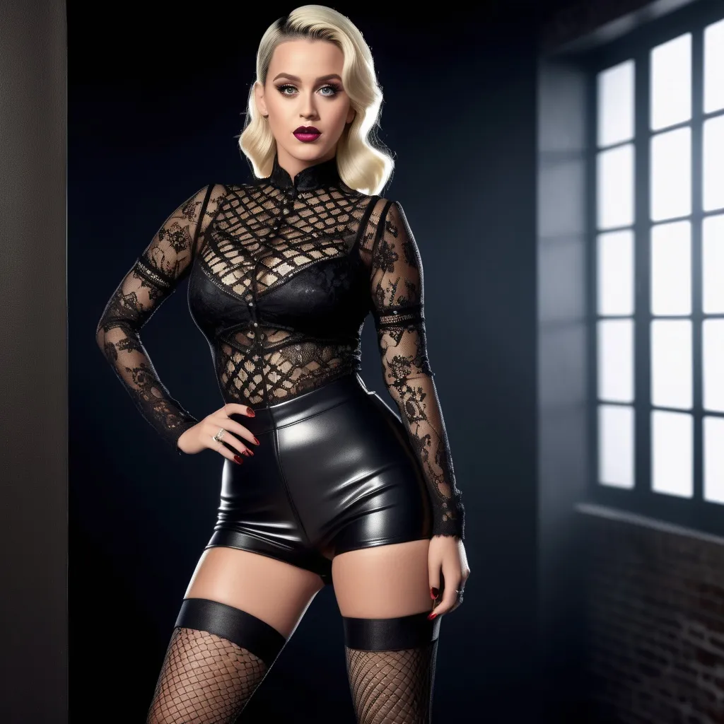 Prompt: photo of Katy Perry thiccc blonde girl. High pony tail hair. thiccc, goth lips, intricate lacey outfit. very attractive. high detail realistic. thick thighs,  full body shot, professional photo. Studio lighting, backlit, realistic lighting. hdr uhd 8k ultra-realistic render,  very high detail skin, beautiful face, 