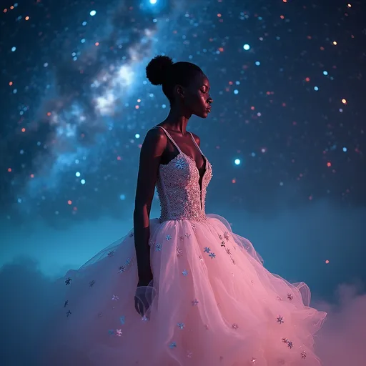 Prompt: Alek Wek in a (delicate Miu Miu outer space dress), ethereal beauty, cosmic theme, elegantly posed, vibrant starry background filled with twinkling galaxies, soft glowing nebulae, ethereal lighting highlighting the subtle colors of the dress, high-fashion allure, serene yet otherworldly ambiance, ultra-detailed, 4K quality, capturing the essence of a celestial fashion journey.