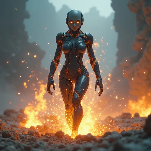 Prompt: Humanoid woman exploding, a striking figure that blends human traits with mechanical elements, sleek design, and futuristic aesthetics, glowing circuitry accents, dynamic pose showcasing agility, detailed features emphasizing emotion, dramatic lighting creating a stark contrast, set against an alien landscape, surreal colors reflecting a blend of technology and organic shapes, 4K ultra-detailed.