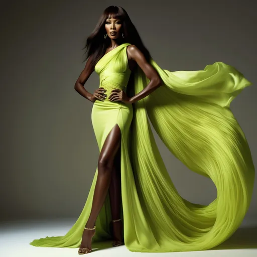 Prompt: Naomi Campbell in a (delicate) acid green Versace dress, striking pose, embodying elegance and confidence, soft texture of fabric flowing, vibrant lighting casting an ethereal glow, background featuring glamorous fashion event setting, high fashion atmosphere, (ultra-detailed) features, dramatic shadows emphasizing elegance, showcasing luxury and sophistication, high-quality image, (4K).