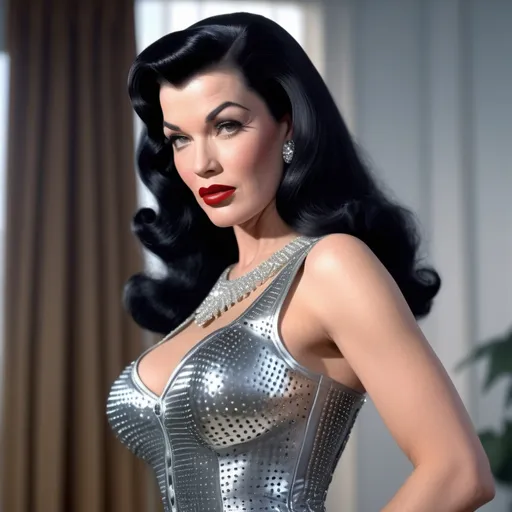 Prompt: Very detailed and hyper realistic Bettie Paige wearing a hyper realistic and very detailed Paco Rabanne dress 64k, ultra hd, 3d quality  500mpx reflex 