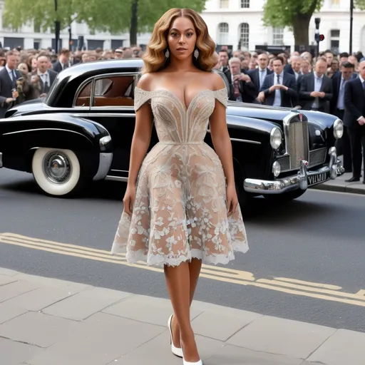 Prompt: Hyper Realistic and very detailed Beyoncé wearing a hyper realistic and very detailed Valentino 50s look with a very detailed Valentino dress and very detailed Valentino shoes in the centre of a very accurate 50s London 64k Hd, very accurate 3D 